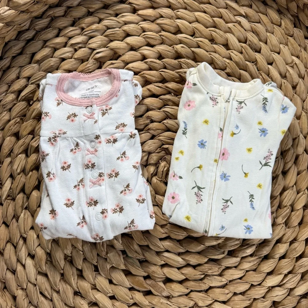 Carter's & Old Navy 100% Cotton Floral Footies Pajamas Pink White Yellow 0-3 EUC